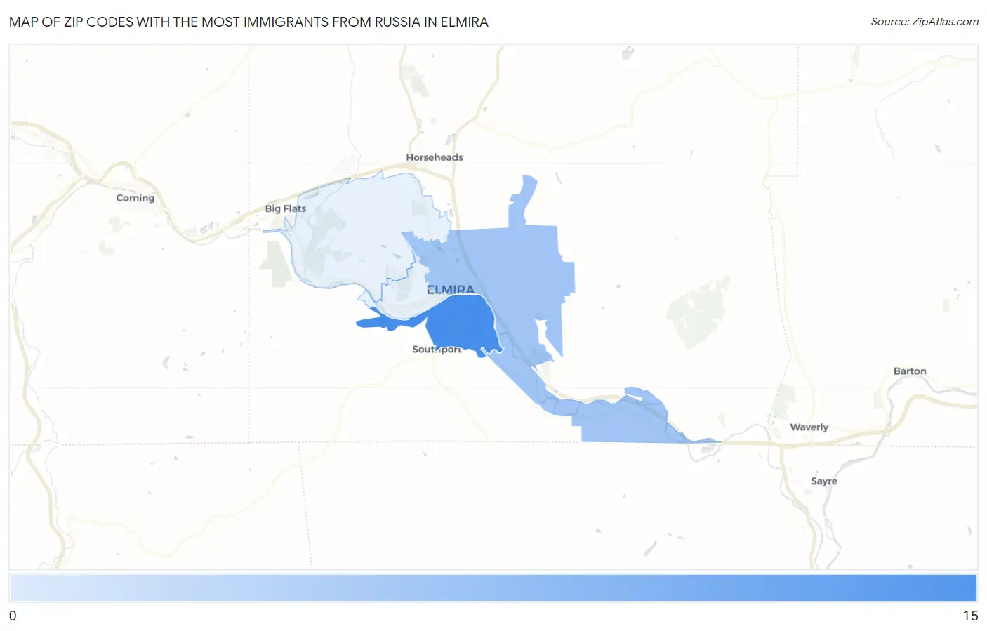 Zip Codes with the Most Immigrants from Russia in Elmira Map