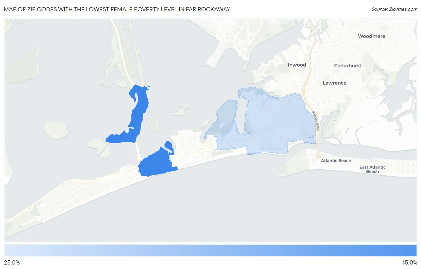 Zip Codes with the Lowest Female Poverty Level in Far Rockaway Map