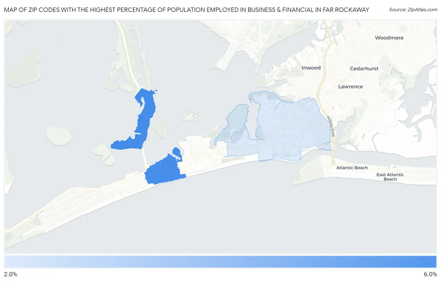 Zip Codes with the Highest Percentage of Population Employed in Business & Financial in Far Rockaway Map
