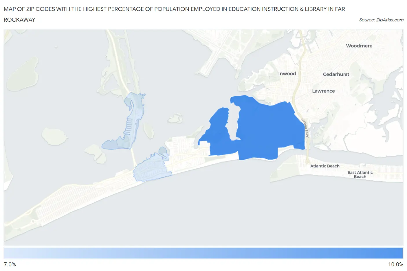 Zip Codes with the Highest Percentage of Population Employed in Education Instruction & Library in Far Rockaway Map