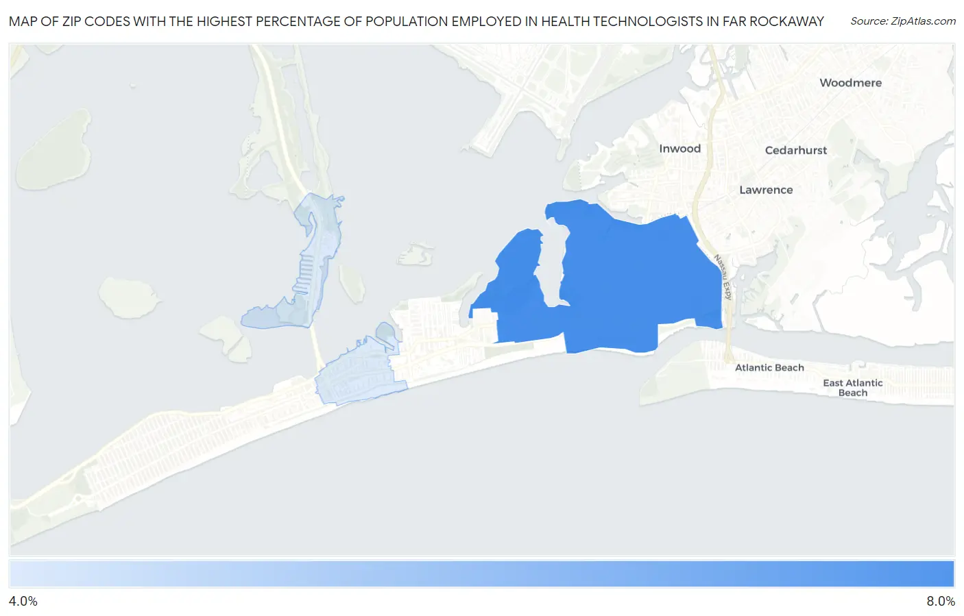 Zip Codes with the Highest Percentage of Population Employed in Health Technologists in Far Rockaway Map
