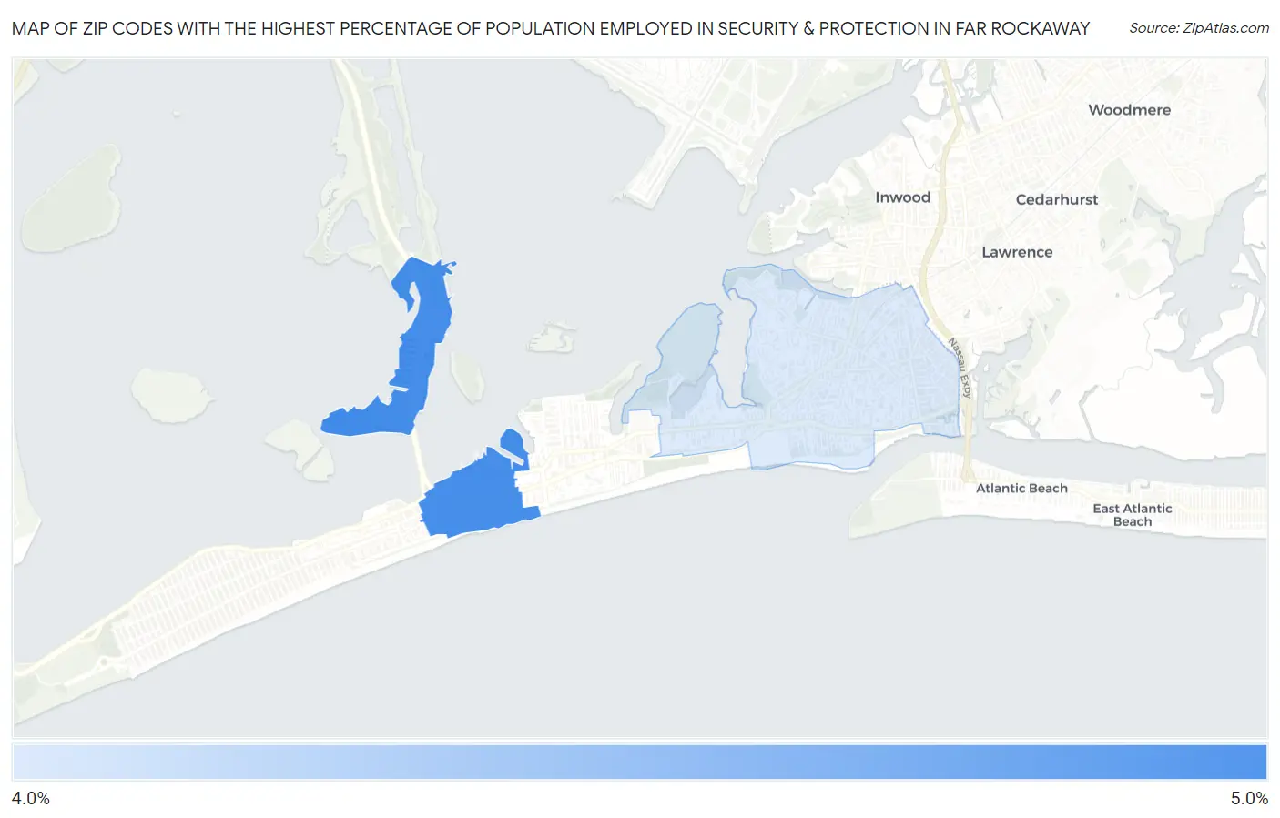 Zip Codes with the Highest Percentage of Population Employed in Security & Protection in Far Rockaway Map