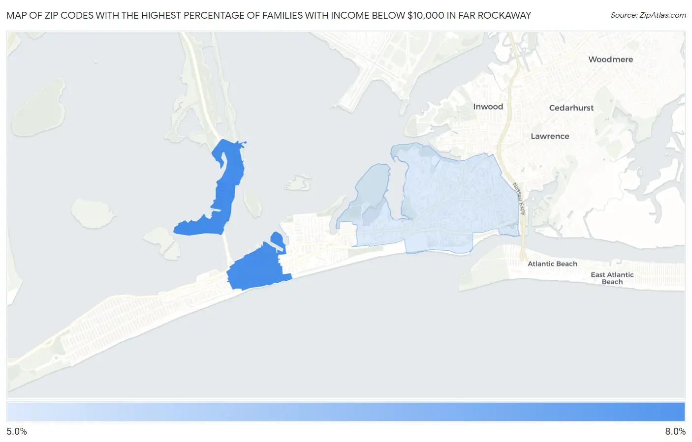 Zip Codes with the Highest Percentage of Families with Income Below $10,000 in Far Rockaway Map