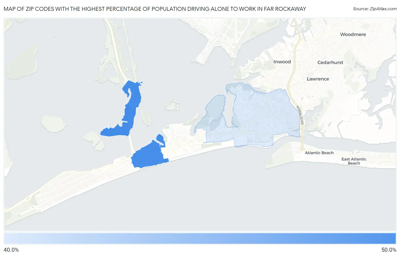 Zip Codes with the Highest Percentage of Population Driving Alone to Work in Far Rockaway Map
