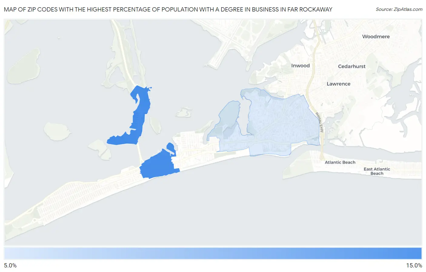 Zip Codes with the Highest Percentage of Population with a Degree in Business in Far Rockaway Map