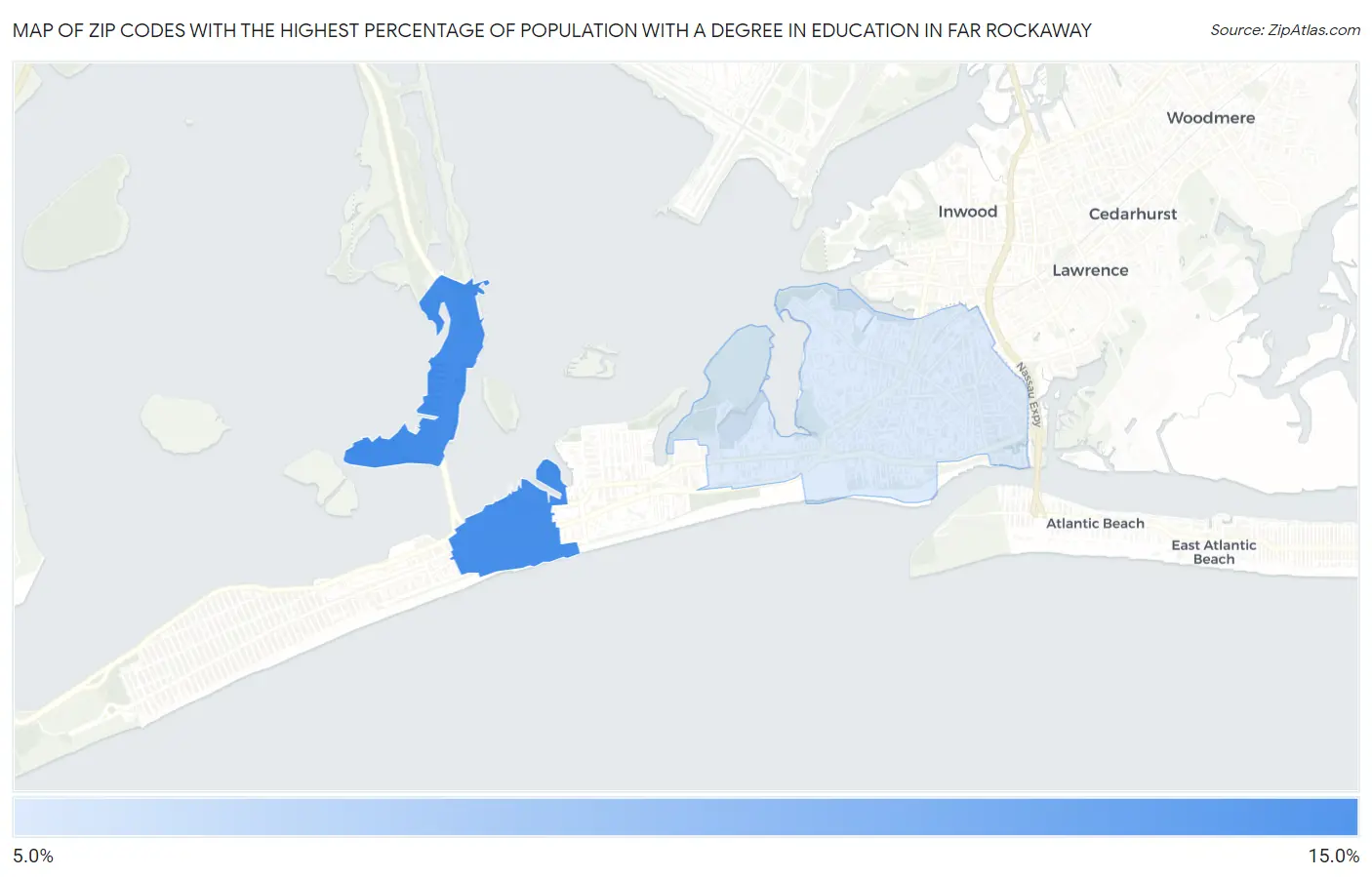 Zip Codes with the Highest Percentage of Population with a Degree in Education in Far Rockaway Map
