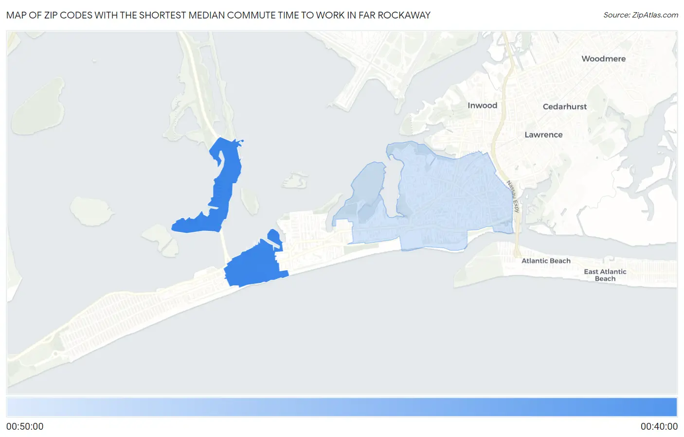 Zip Codes with the Shortest Median Commute Time to Work in Far Rockaway Map