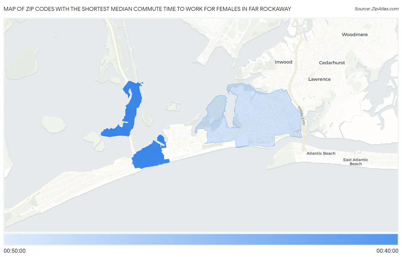 Zip Codes with the Shortest Median Commute Time to Work for Females in Far Rockaway Map