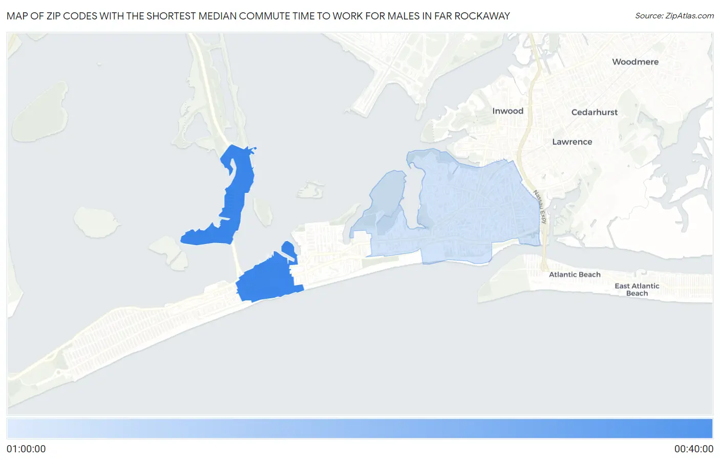 Zip Codes with the Shortest Median Commute Time to Work for Males in Far Rockaway Map