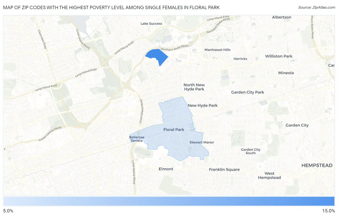 Zip Codes with the Highest Poverty Level Among Single Females in Floral Park Map