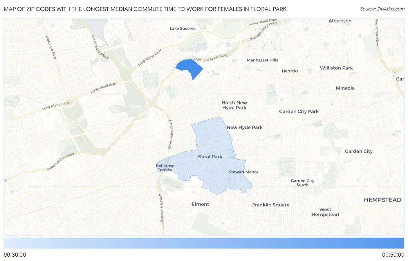 Zip Codes with the Longest Median Commute Time to Work for Females in Floral Park Map