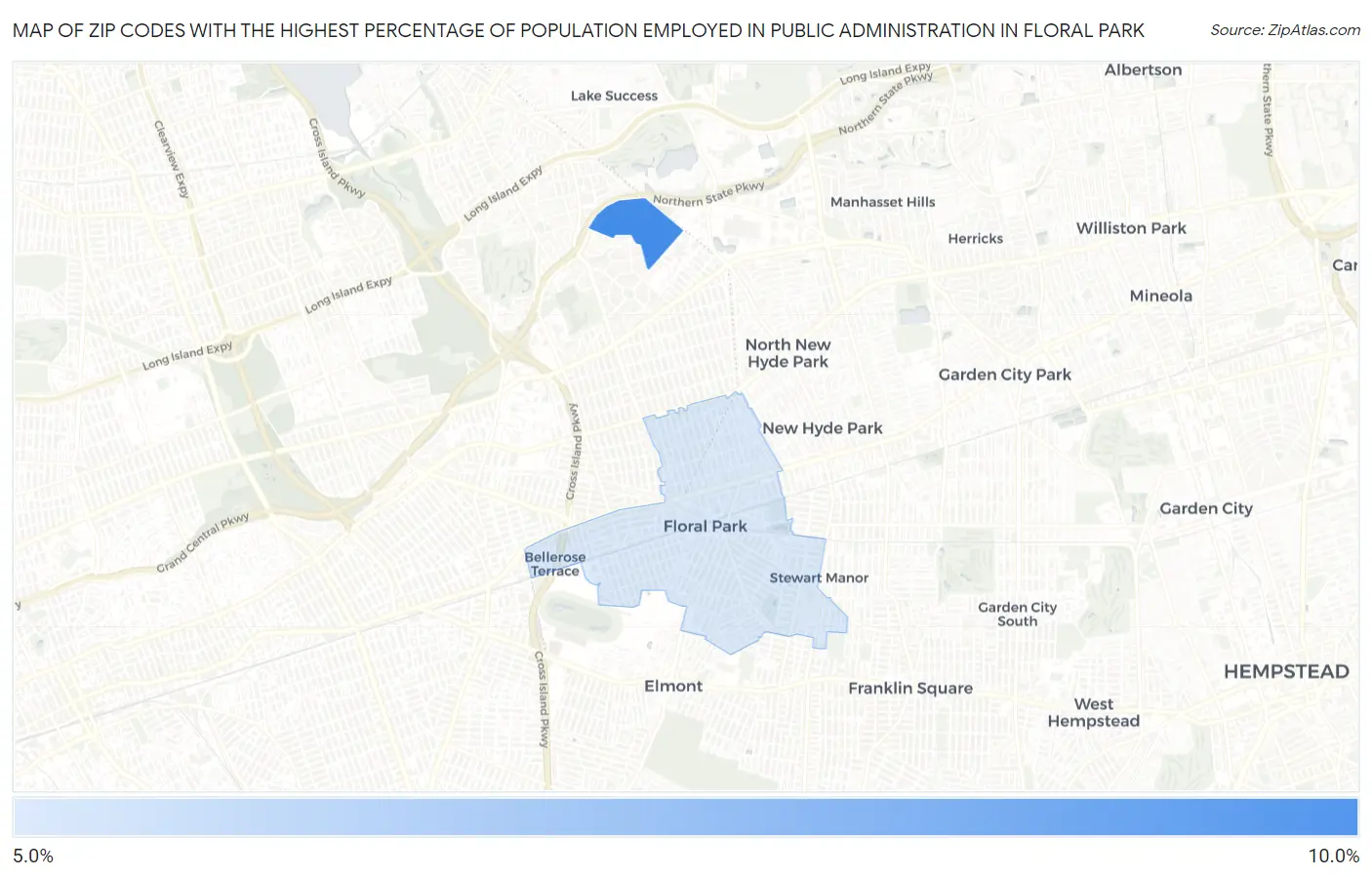Zip Codes with the Highest Percentage of Population Employed in Public Administration in Floral Park Map