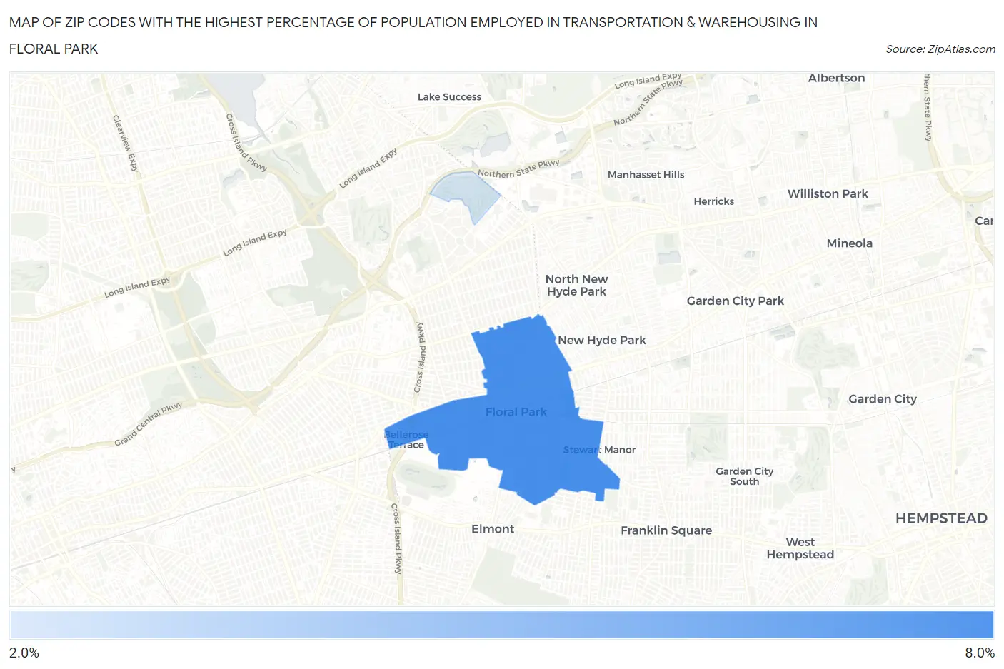 Zip Codes with the Highest Percentage of Population Employed in Transportation & Warehousing in Floral Park Map