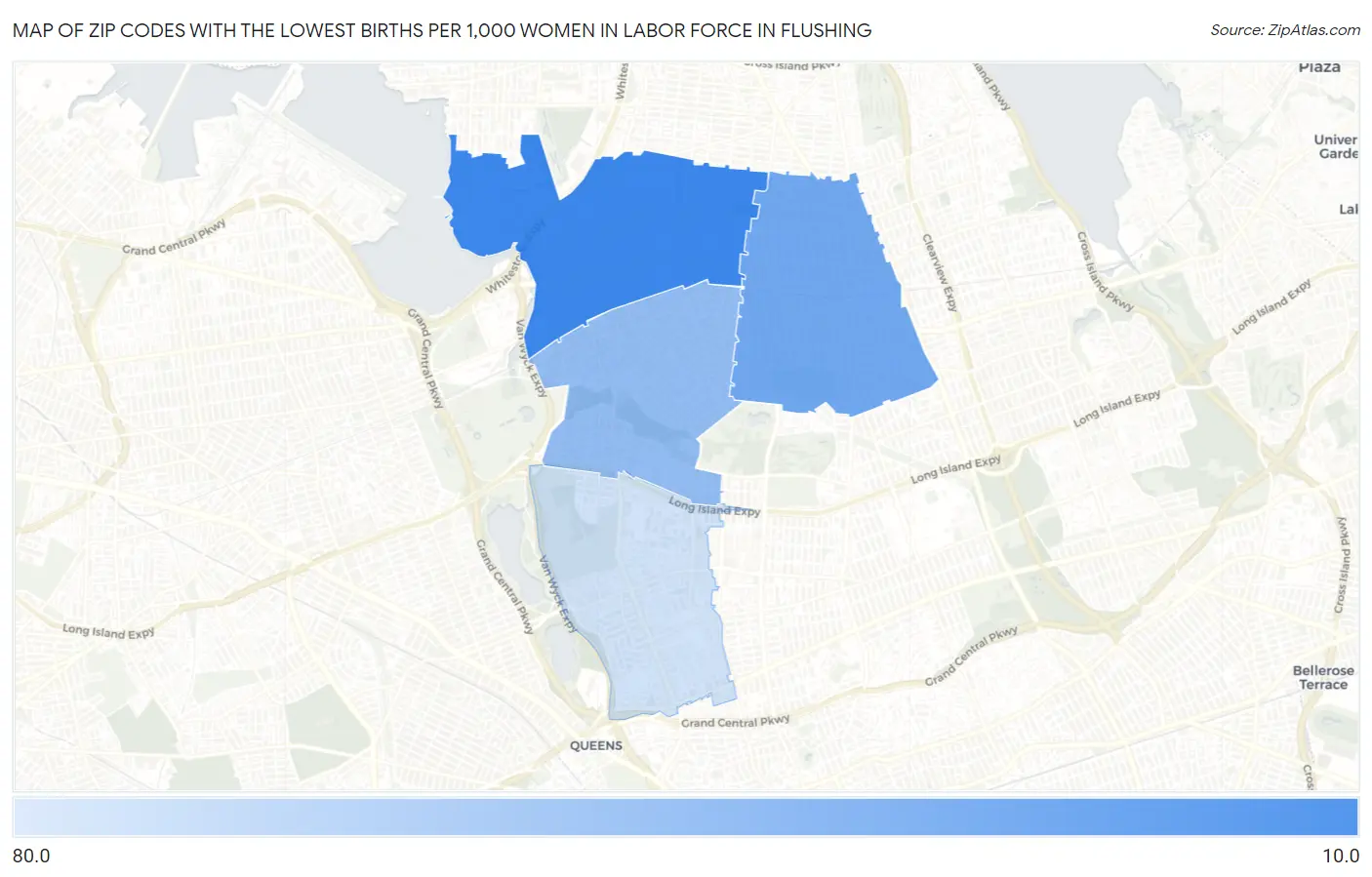 Zip Codes with the Lowest Births per 1,000 Women in Labor Force in Flushing Map