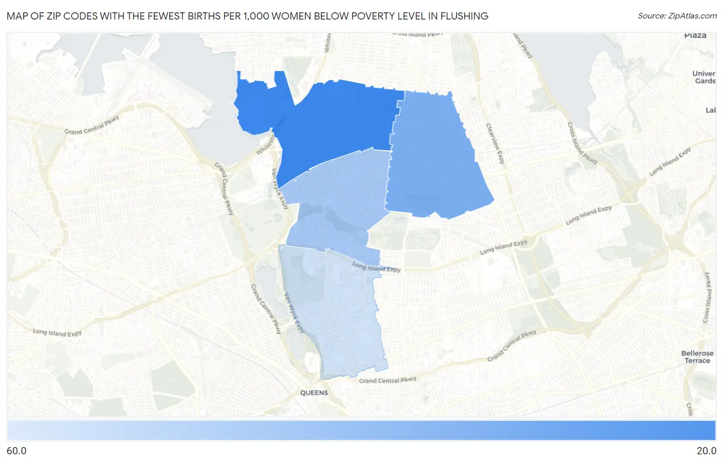 Zip Codes with the Fewest Births per 1,000 Women Below Poverty Level in Flushing Map