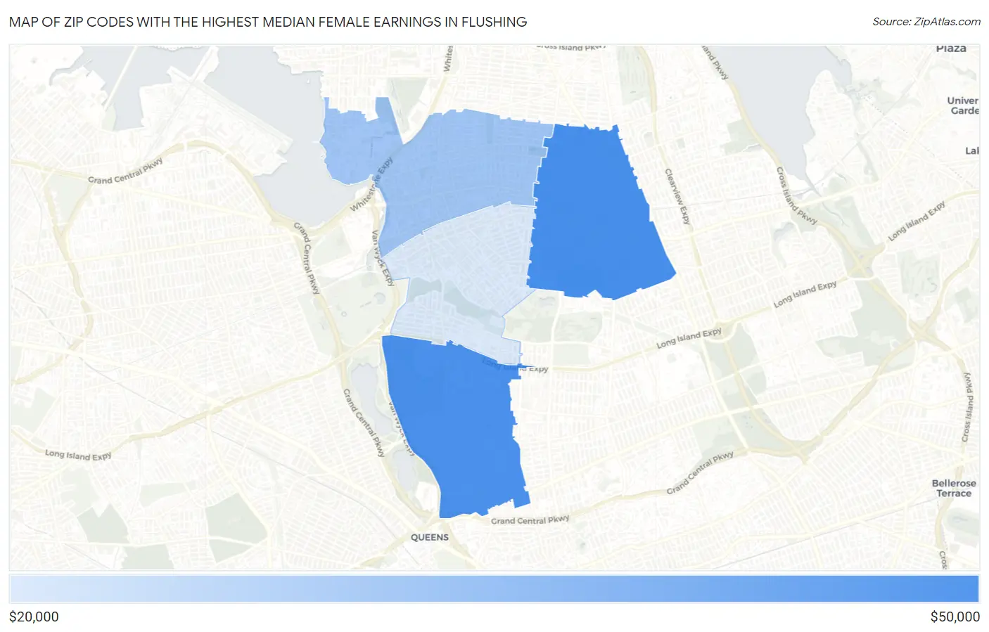 Zip Codes with the Highest Median Female Earnings in Flushing Map