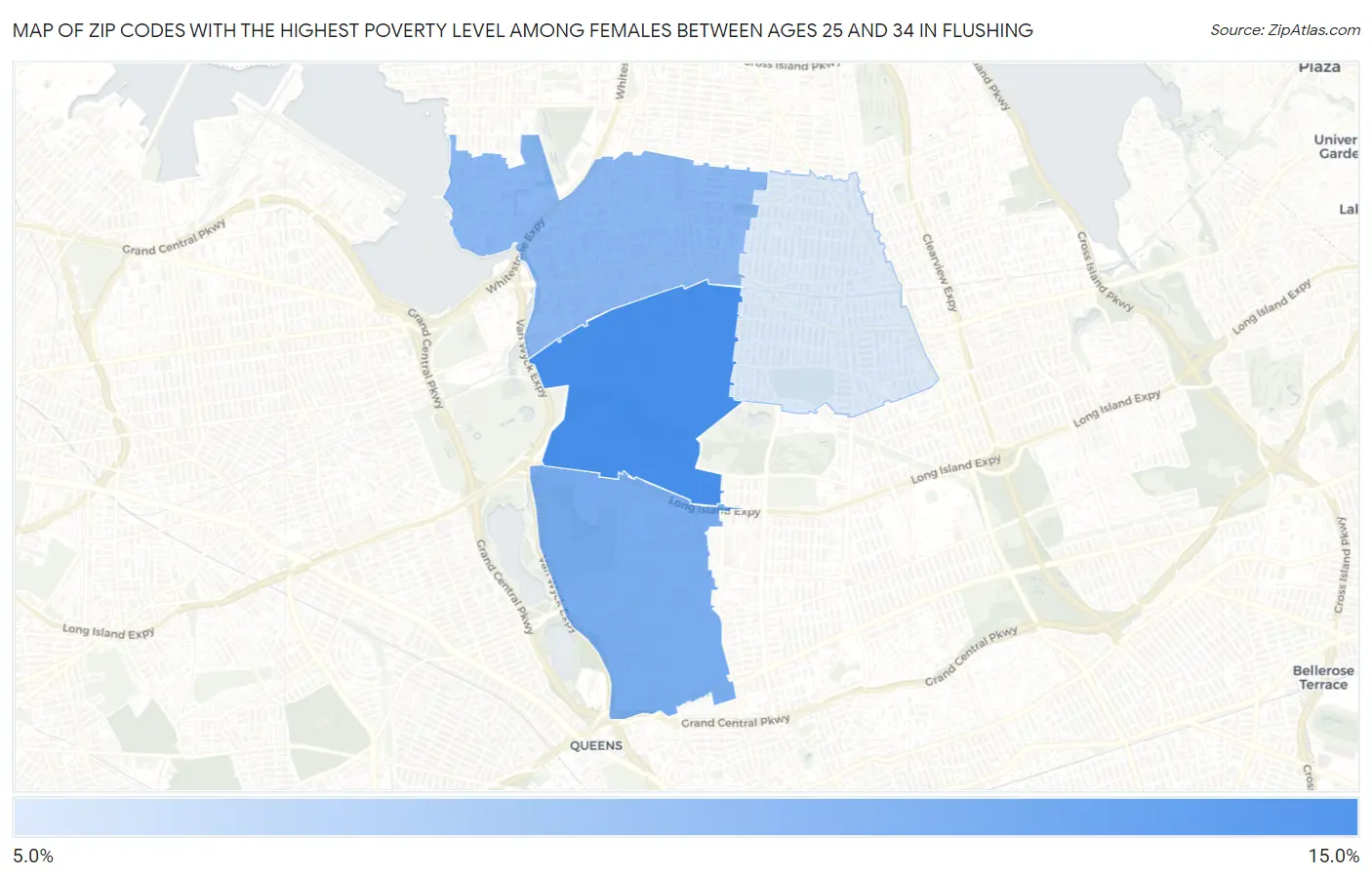 Zip Codes with the Highest Poverty Level Among Females Between Ages 25 and 34 in Flushing Map