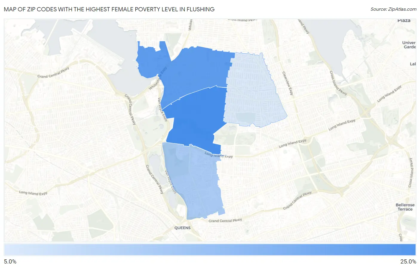 Zip Codes with the Highest Female Poverty Level in Flushing Map
