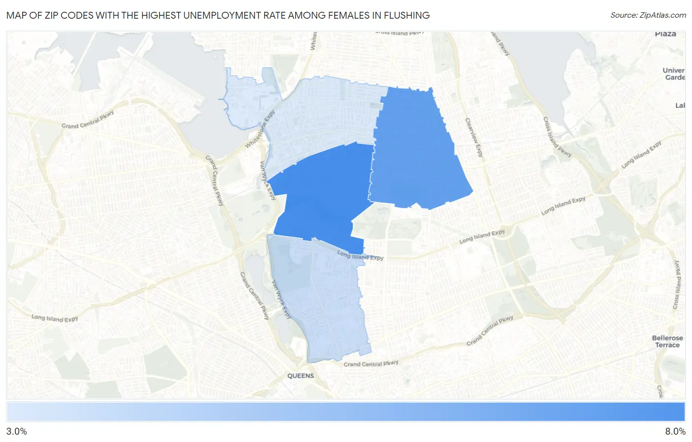 Zip Codes with the Highest Unemployment Rate Among Females in Flushing Map