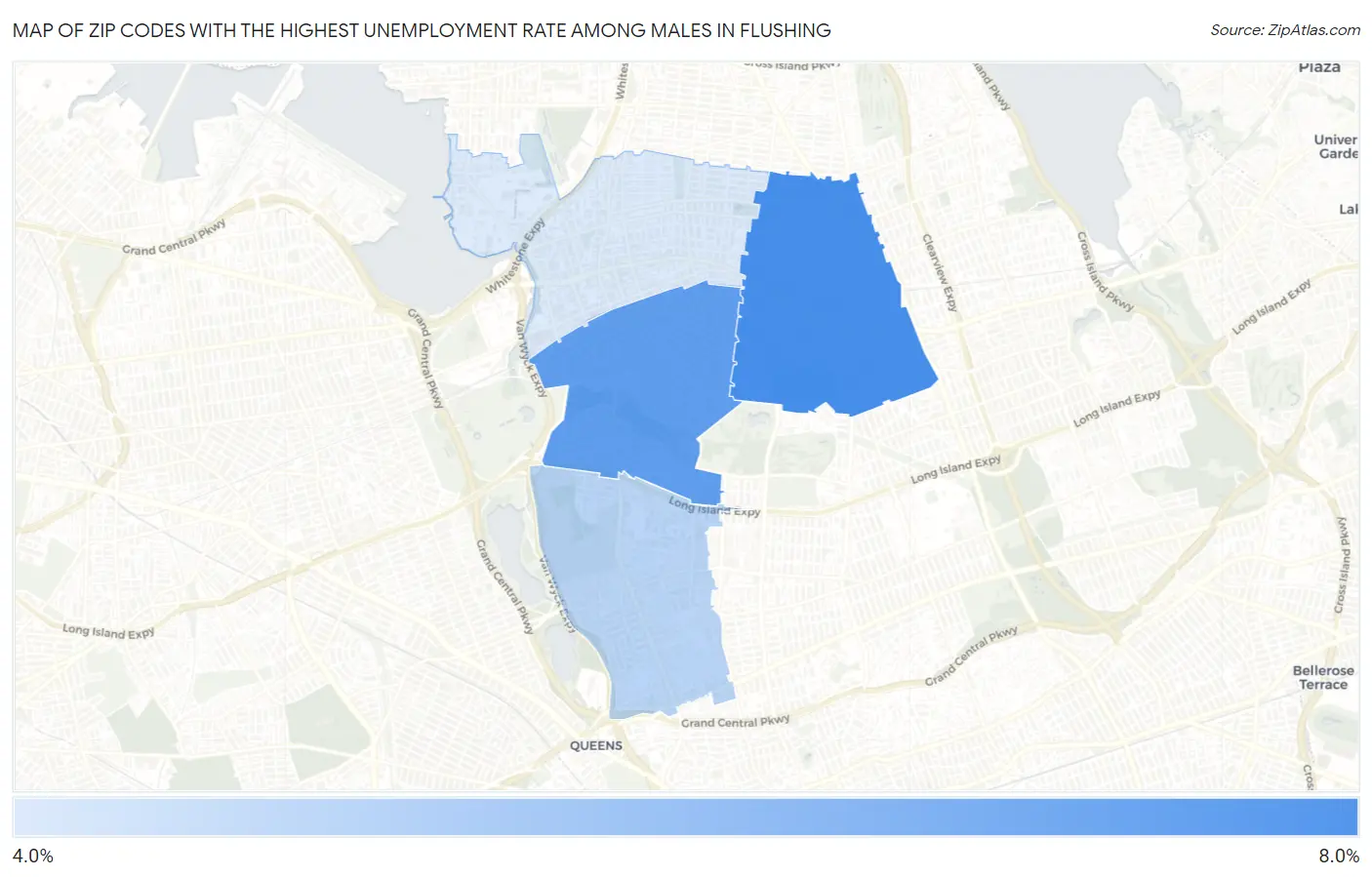 Zip Codes with the Highest Unemployment Rate Among Males in Flushing Map