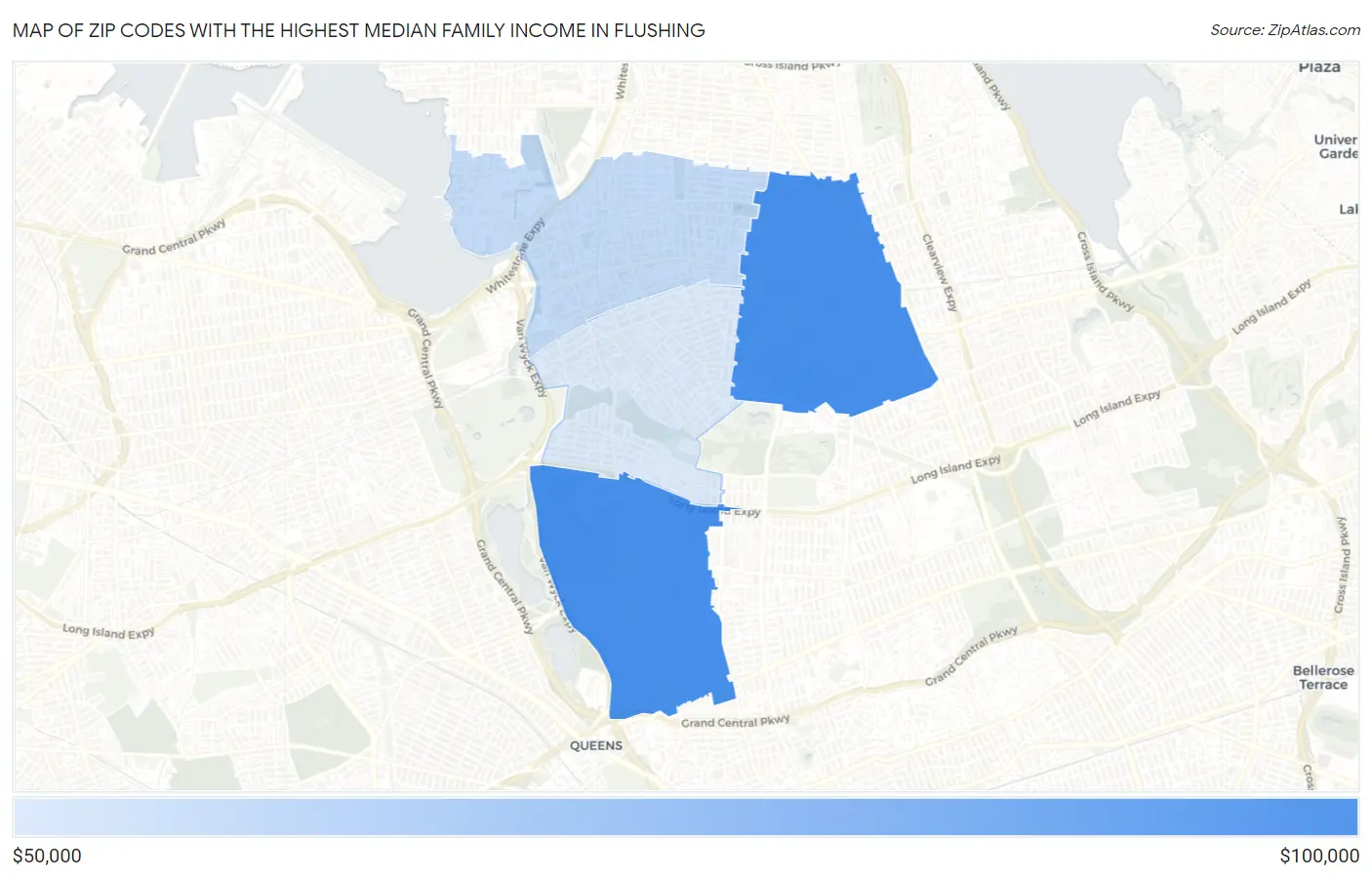 Zip Codes with the Highest Median Family Income in Flushing Map