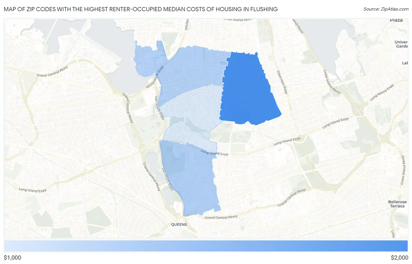 Zip Codes with the Highest Renter-Occupied Median Costs of Housing in Flushing Map