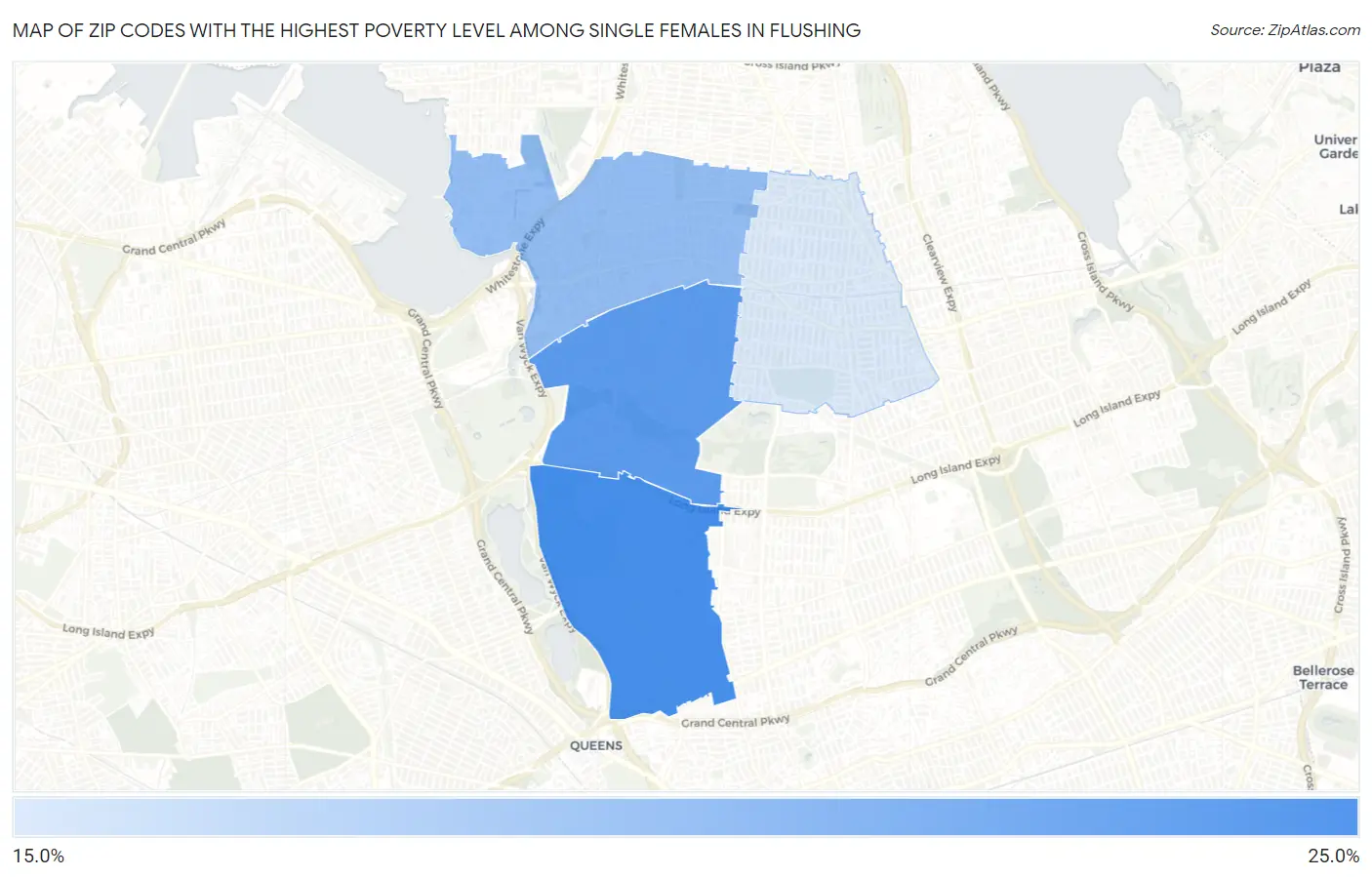 Zip Codes with the Highest Poverty Level Among Single Females in Flushing Map