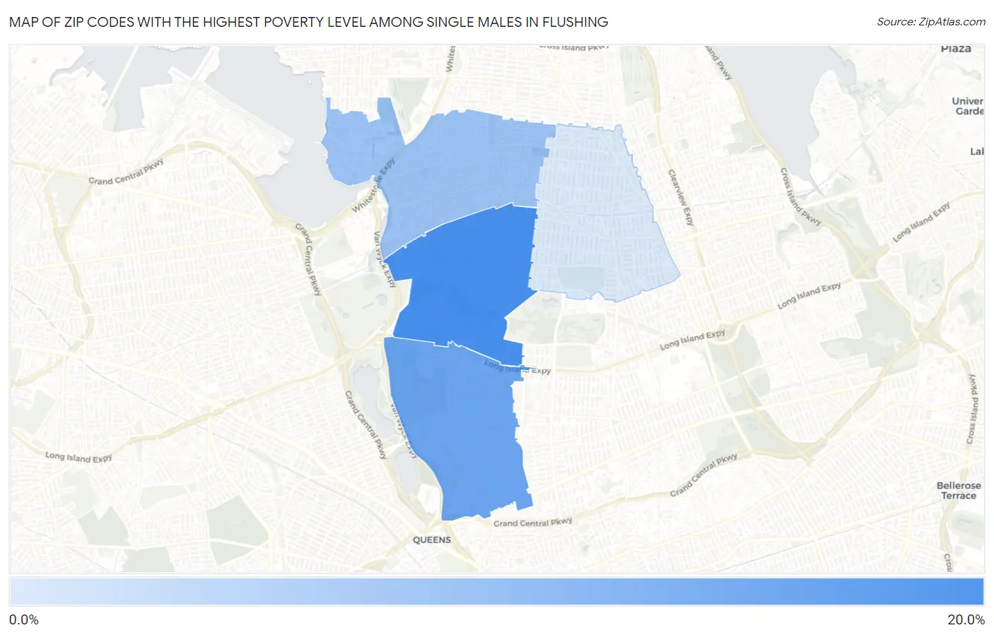 Zip Codes with the Highest Poverty Level Among Single Males in Flushing Map