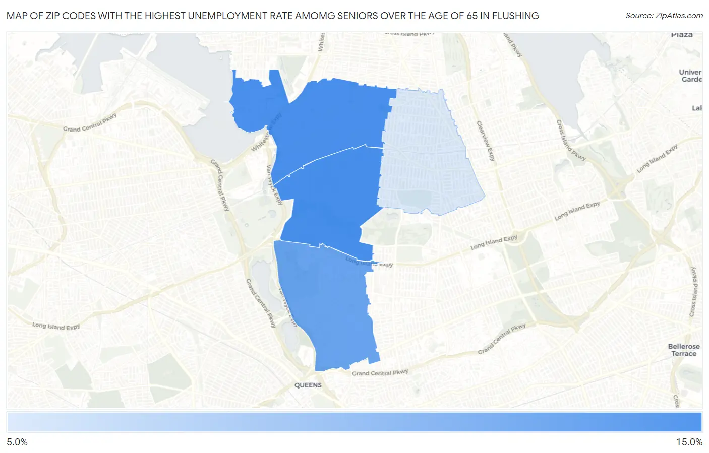 Zip Codes with the Highest Unemployment Rate Amomg Seniors Over the Age of 65 in Flushing Map