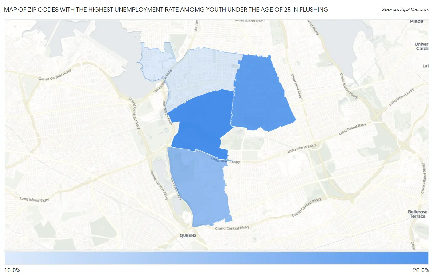 Zip Codes with the Highest Unemployment Rate Amomg Youth Under the Age of 25 in Flushing Map