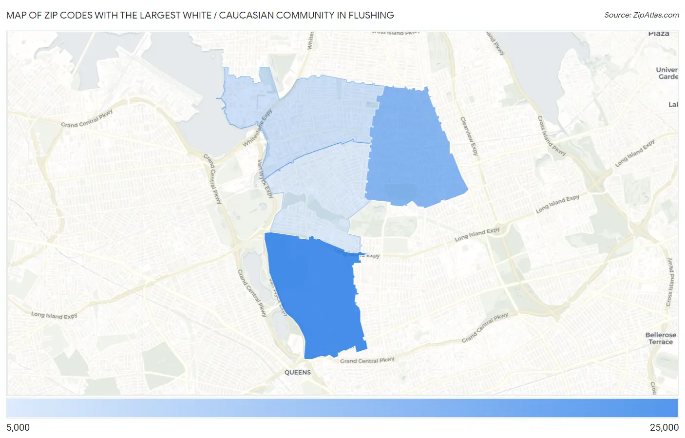 Zip Codes with the Largest White / Caucasian Community in Flushing Map