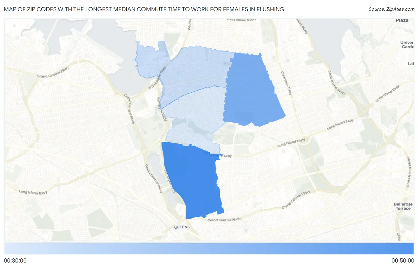 Zip Codes with the Longest Median Commute Time to Work for Females in Flushing Map