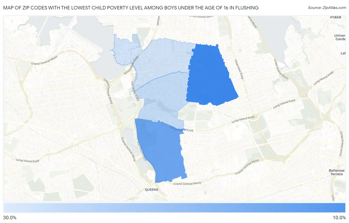 Zip Codes with the Lowest Child Poverty Level Among Boys Under the Age of 16 in Flushing Map