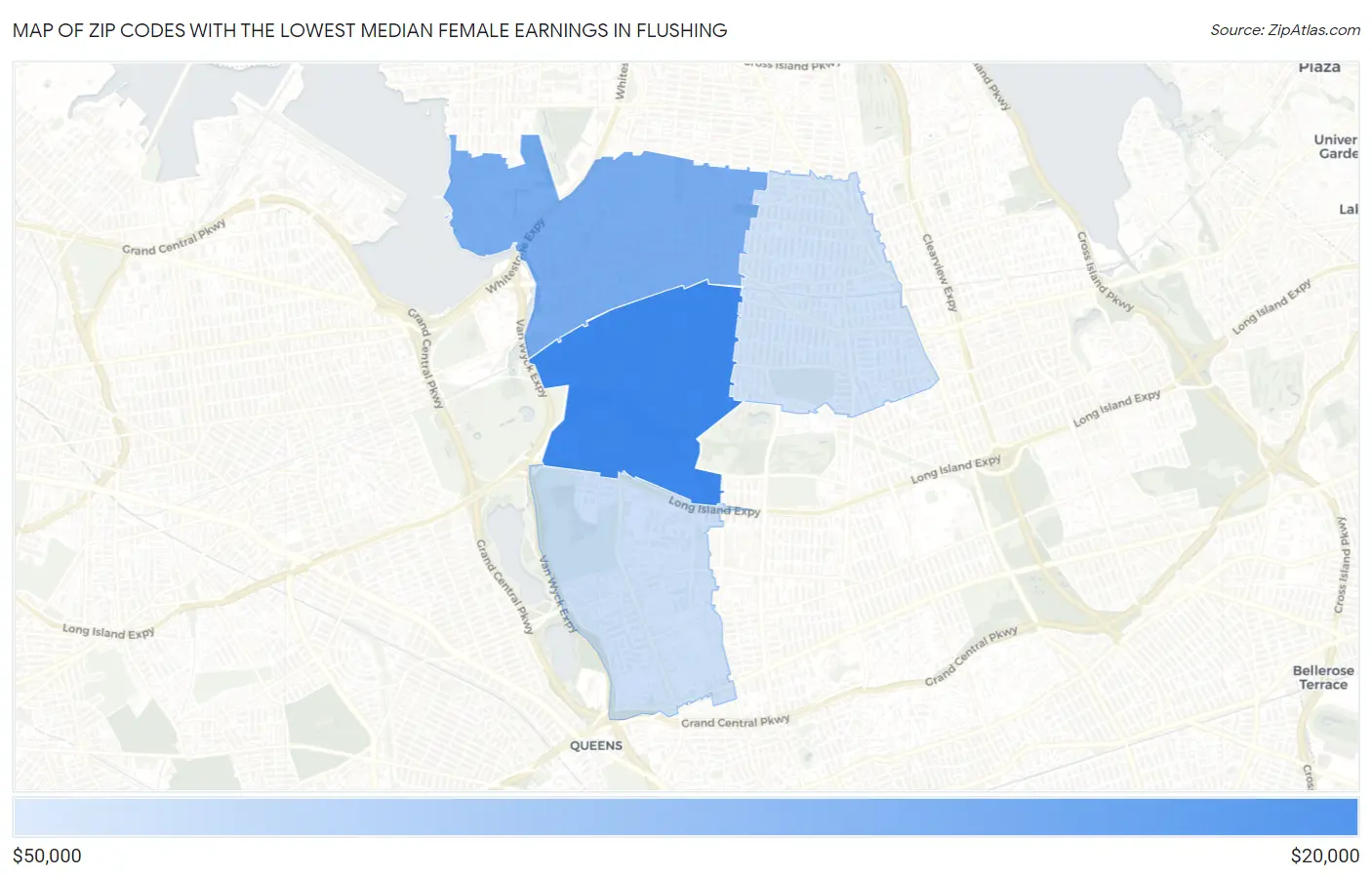 Zip Codes with the Lowest Median Female Earnings in Flushing Map