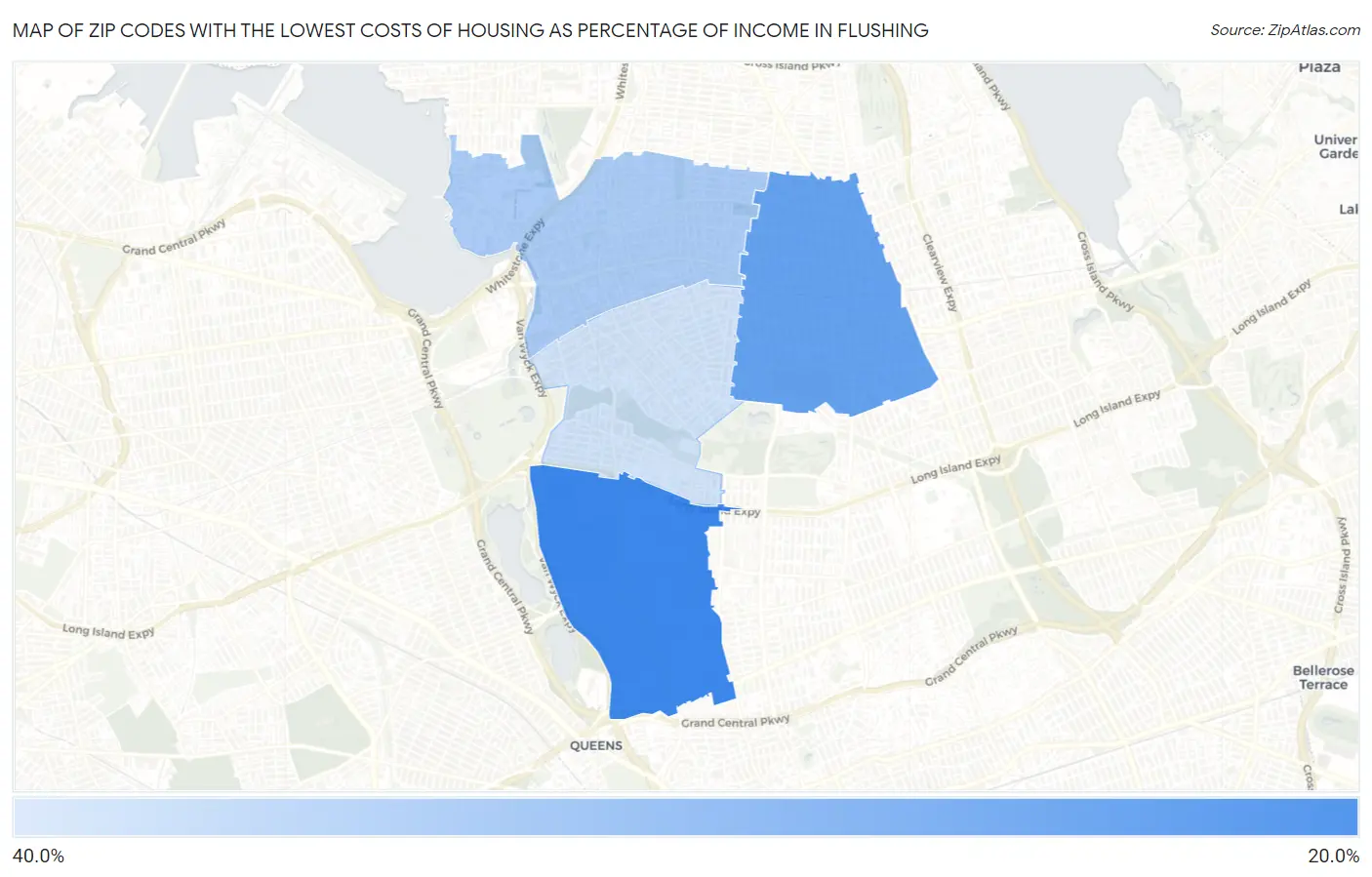 Zip Codes with the Lowest Costs of Housing as Percentage of Income in Flushing Map
