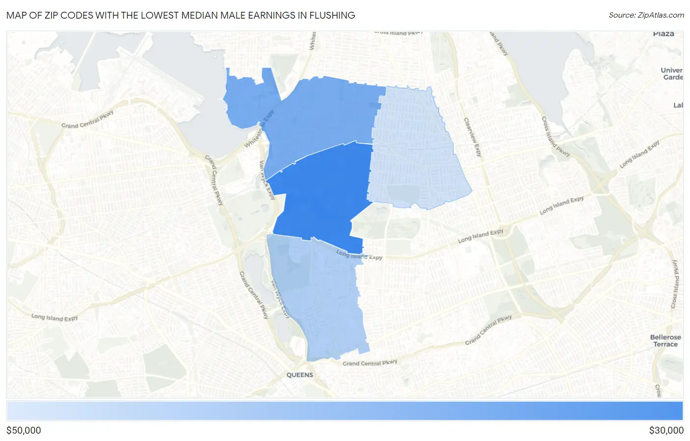 Zip Codes with the Lowest Median Male Earnings in Flushing Map