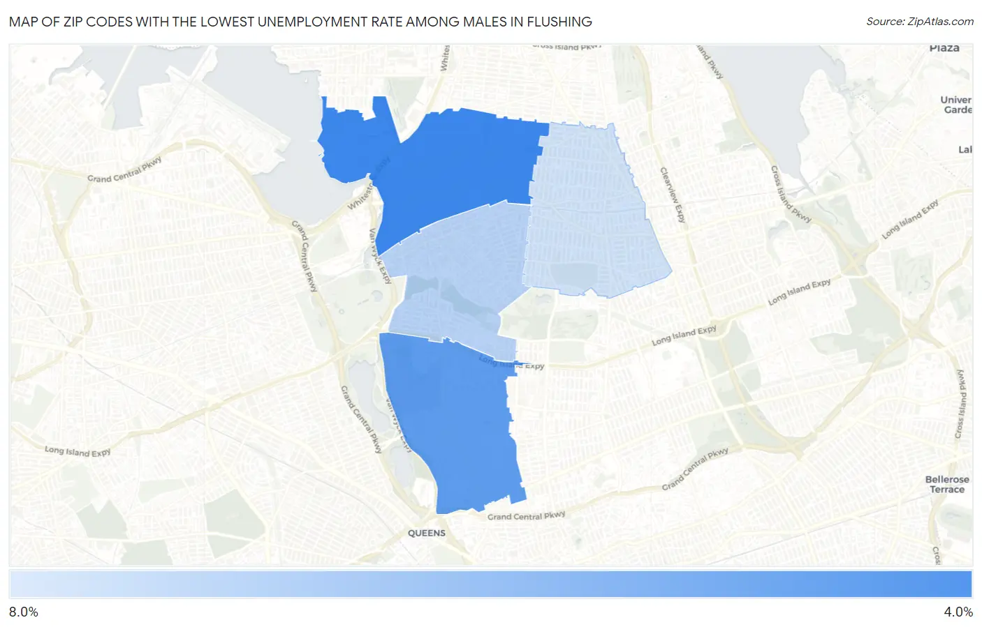 Zip Codes with the Lowest Unemployment Rate Among Males in Flushing Map