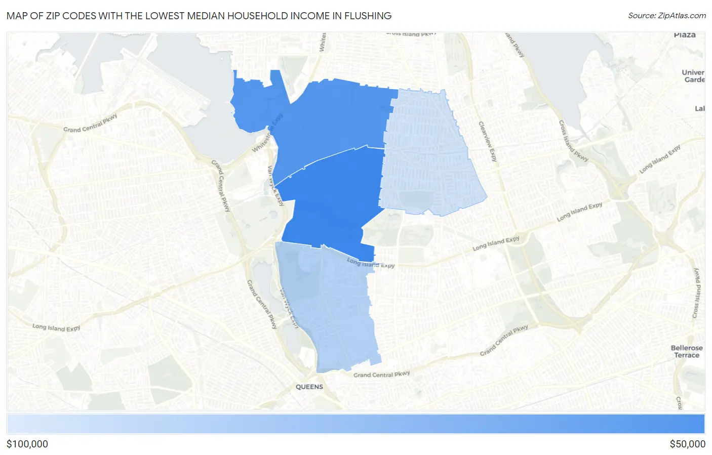 Zip Codes with the Lowest Median Household Income in Flushing Map