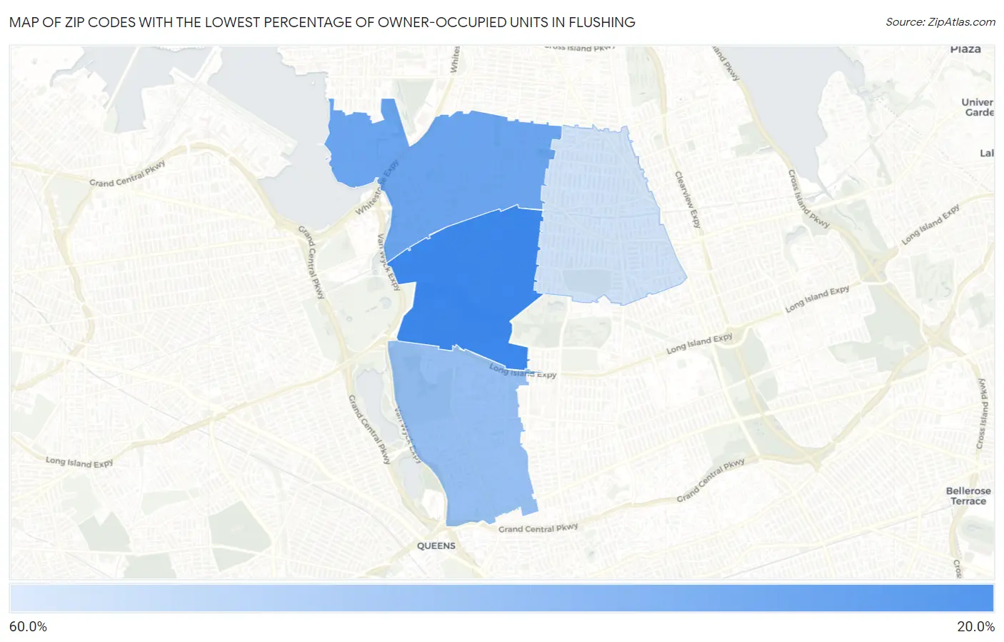Zip Codes with the Lowest Percentage of Owner-Occupied Units in Flushing Map