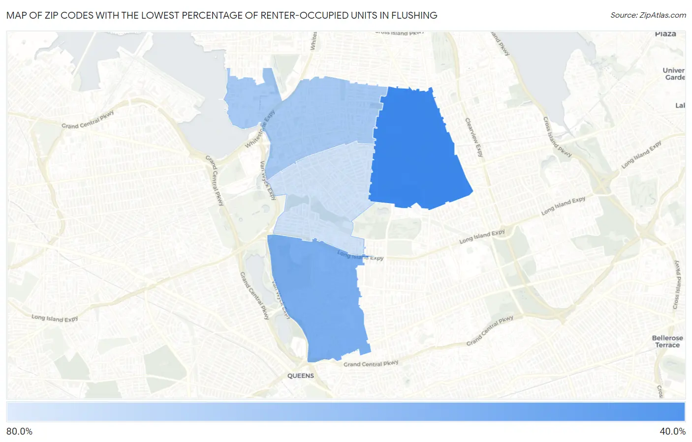 Zip Codes with the Lowest Percentage of Renter-Occupied Units in Flushing Map