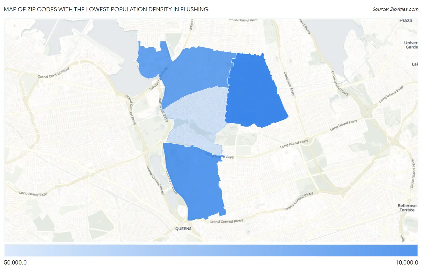 Zip Codes with the Lowest Population Density in Flushing Map