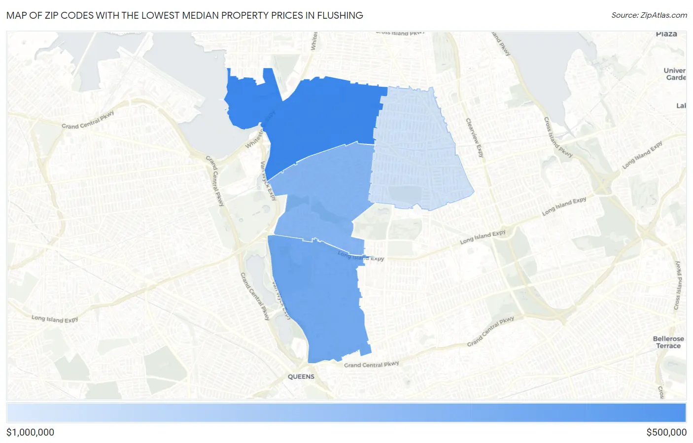 Zip Codes with the Lowest Median Property Prices in Flushing Map