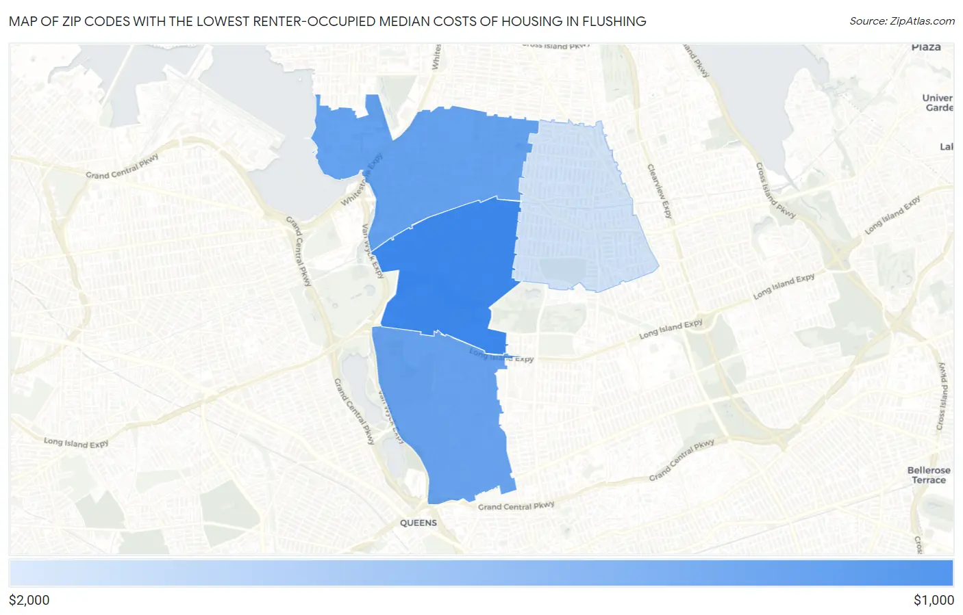 Zip Codes with the Lowest Renter-Occupied Median Costs of Housing in Flushing Map