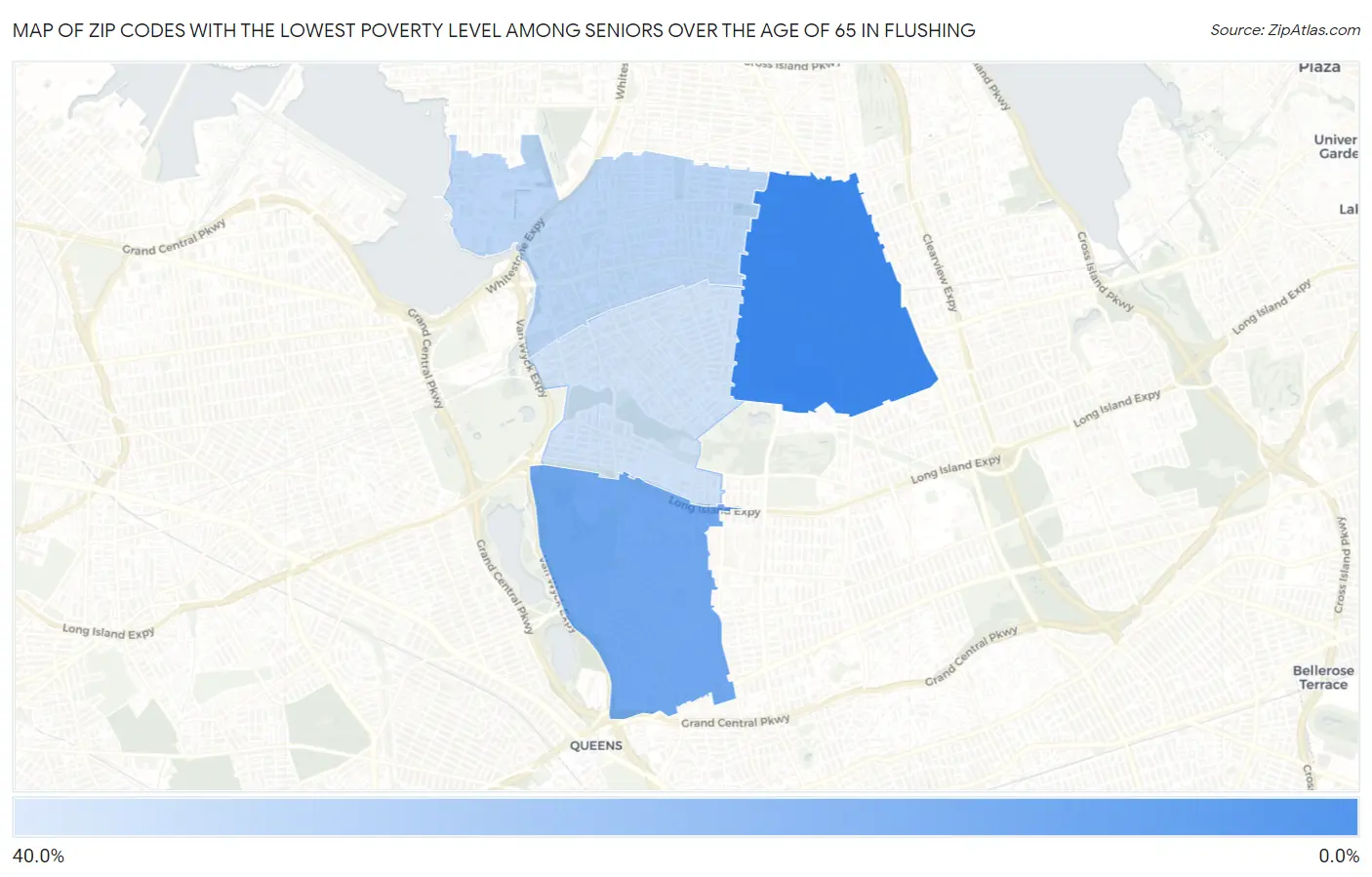 Zip Codes with the Lowest Poverty Level Among Seniors Over the Age of 65 in Flushing Map