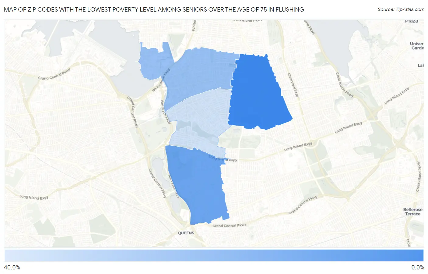 Zip Codes with the Lowest Poverty Level Among Seniors Over the Age of 75 in Flushing Map