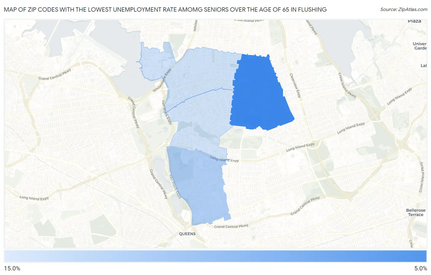Zip Codes with the Lowest Unemployment Rate Amomg Seniors Over the Age of 65 in Flushing Map