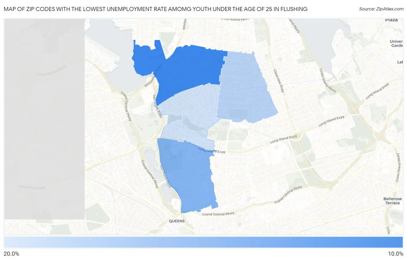 Zip Codes with the Lowest Unemployment Rate Amomg Youth Under the Age of 25 in Flushing Map