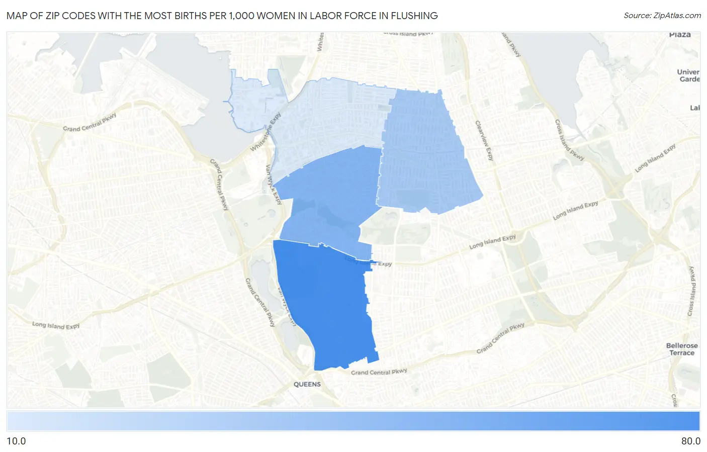 Zip Codes with the Most Births per 1,000 Women in Labor Force in Flushing Map