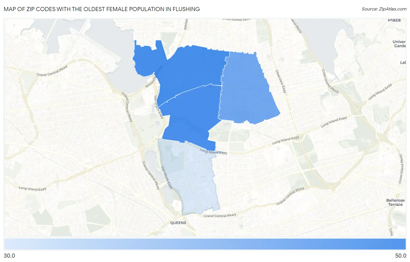 Zip Codes with the Oldest Female Population in Flushing Map