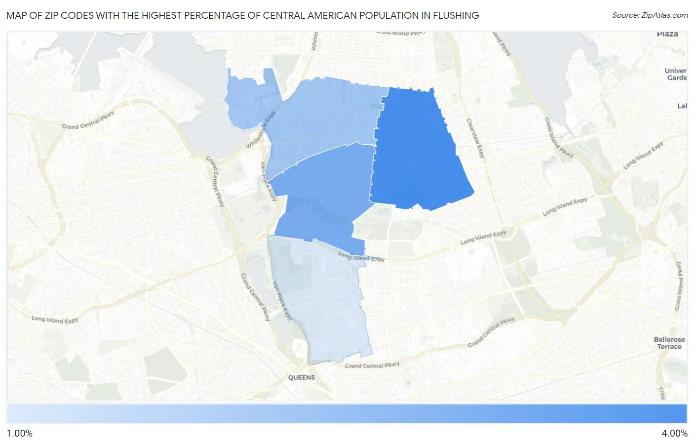 Zip Codes with the Highest Percentage of Central American Population in Flushing Map